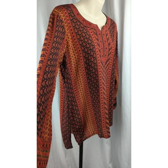BIBA Vintage Silk Kaftan Top Orange Red Chevron Paisley l/s Bohemian Boho M L - Picture 2 of 5